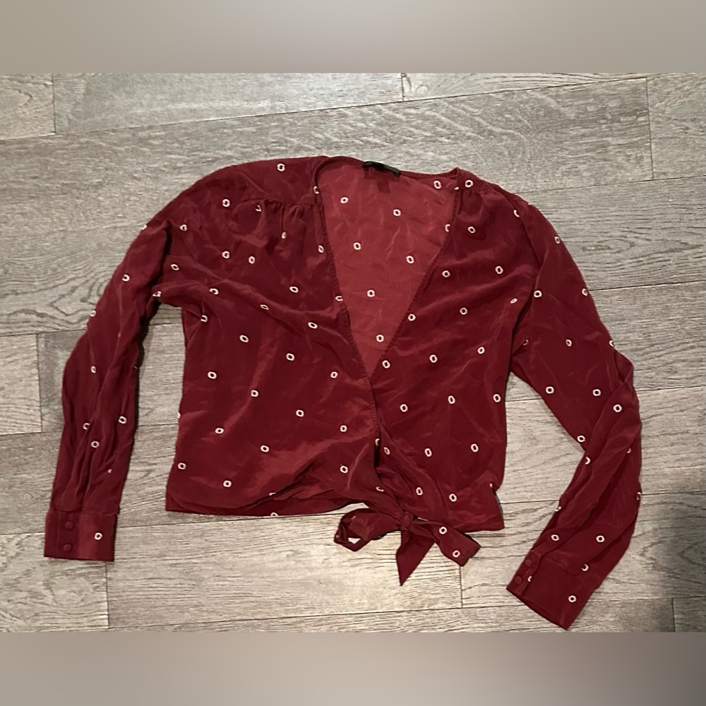 J. Crew 100% Silk Wrap Red Long Sleeve Circle Pattern Blouse Size S